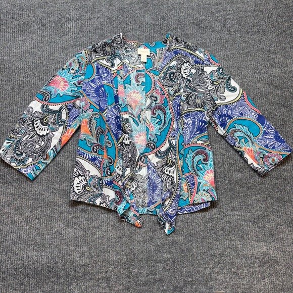 Chico's Sweaters - Chico's Paisley Linen Open Front Cardigan Size 8 Boho‎ Drape Lightweight Top